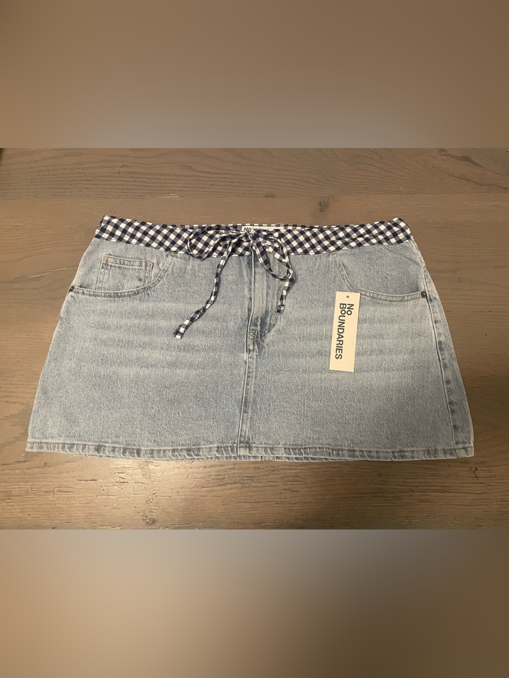 No Boundaries Light Blue Denim Skirt with Navy Gingham Waist Tie